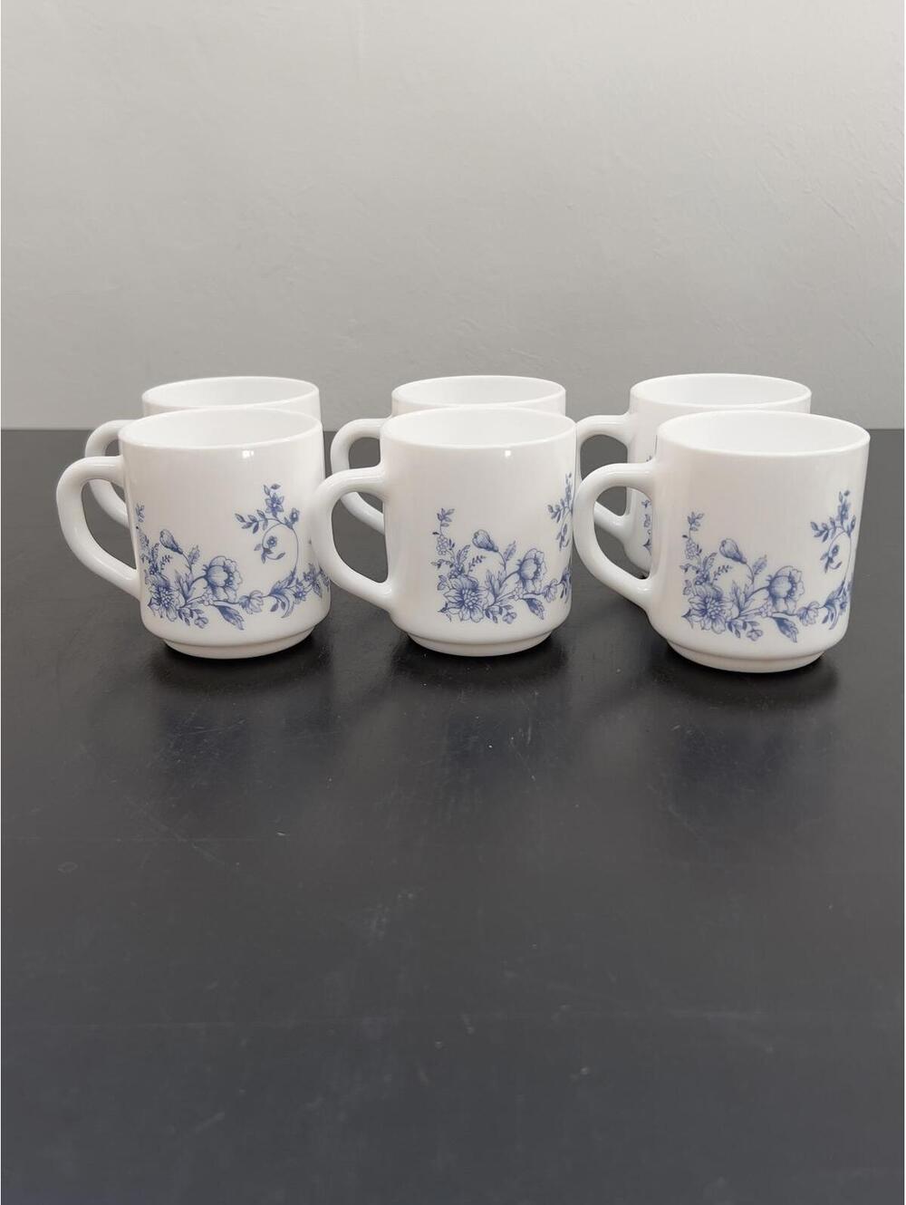 Arcopal Glenwood France Mug Milk Color Glass Drink Set of 6 Blue Flora Flower